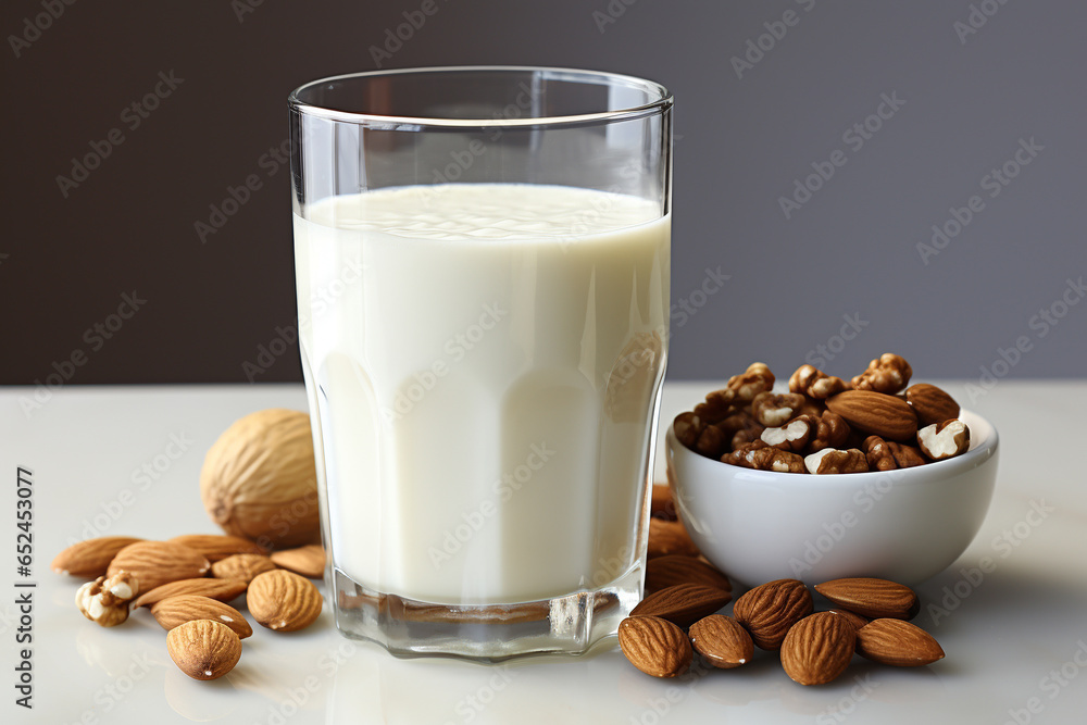 plant-based almond milk in a glass close-up plant-based almond milk in a glass close-up