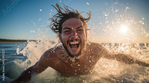 Happy man enjoys a seaside vacation splashing water on the beach © MP Studio