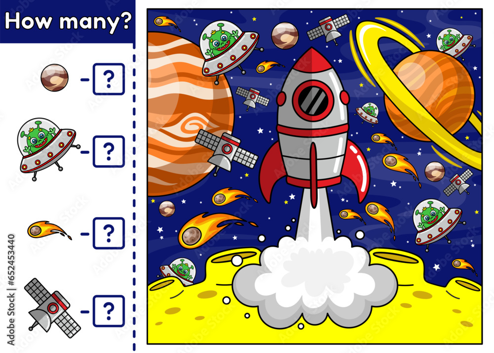 Kids math game. Find hidden cartoon aliens, comets, Pluto