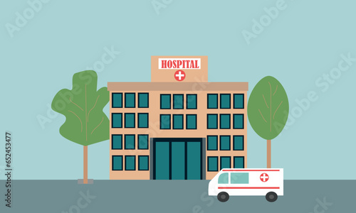 Modern building of public hospital or clinic with ambulance. Vector illustration. 