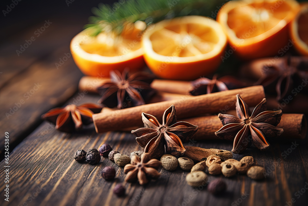 Traditional Christmas spices and dried orange slices on holiday bokeh background with defocus lights. Cinnamon sticks, star anise, pine cones and cloves Traditional Christmas spices and dried orange slices on holiday bokeh background with defocus lights. Cinnamon sticks, star anise, pine cones and cloves