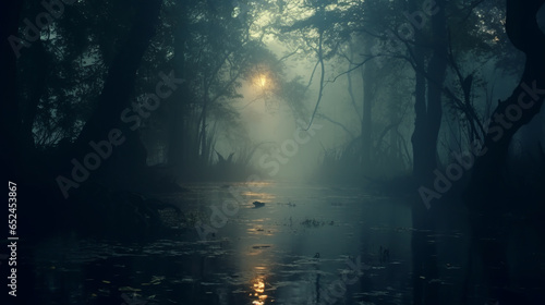 Sunlight streaming through a misty forest