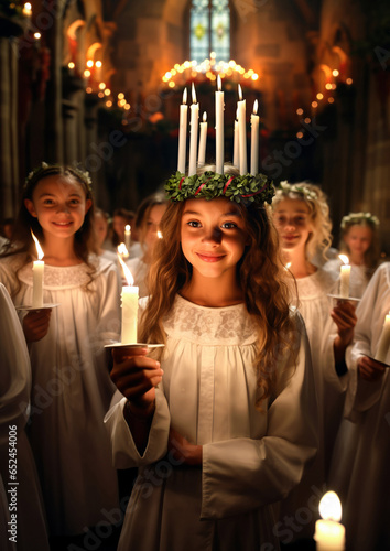 Swedish Lucia kids with lucia crown photo