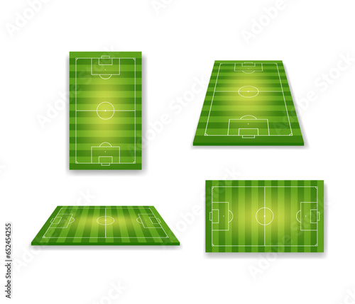 Football realistic stadium. 3d soccer field. Green arena with perspective view. Isometric court for sport game. Grass on soccer playground with line, frame and corner. Vector.
