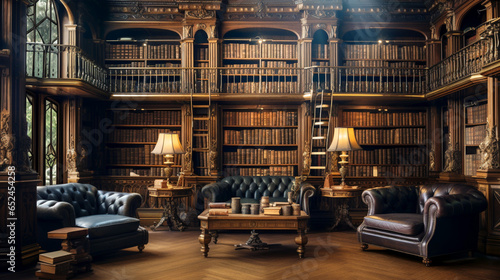 Interior of an antique library with tall wooden shelves filled with vintage books and leather armchairs. Old Money Aesthetic Concept. Banner