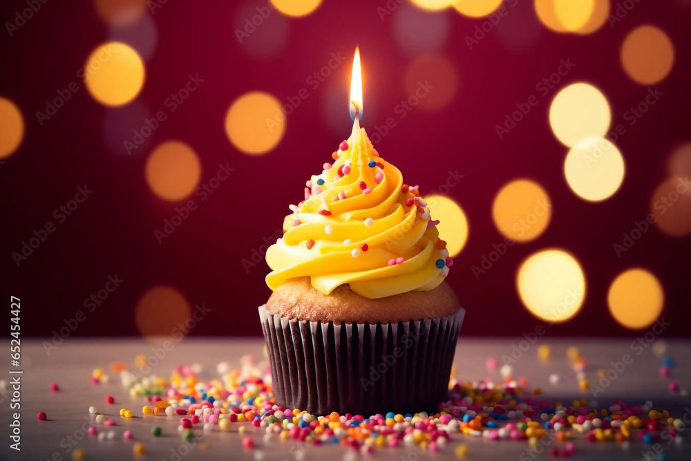 Tasty cupcake with candle and confetti Tasty cupcake with candle and confetti