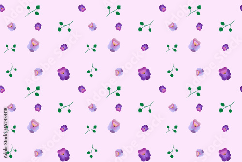 Seamless pattern with violets and green leaves for the design of fabric, wrapping paper, background, wallpaper. Vector illustration