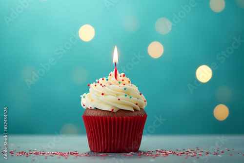 Tasty cupcake with cream, candle and confetti