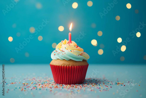 Tasty cupcake with candle and confetti on blue background