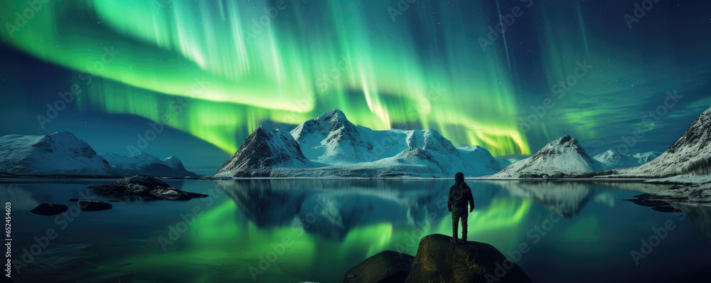 Traveler admiring the breathtaking Northern Lights in Norway