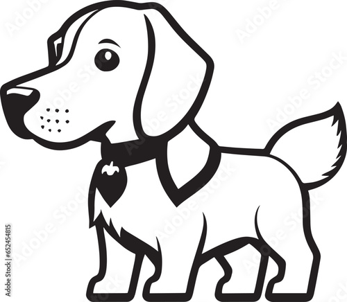 An illustration of a cute black-and-white puppy, possibly a beagle, pointer or cop dog, made in monochrome