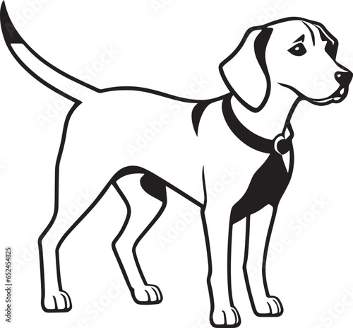 An illustration of a cute black-and-white puppy, possibly a beagle, pointer or cop dog, made in monochrome