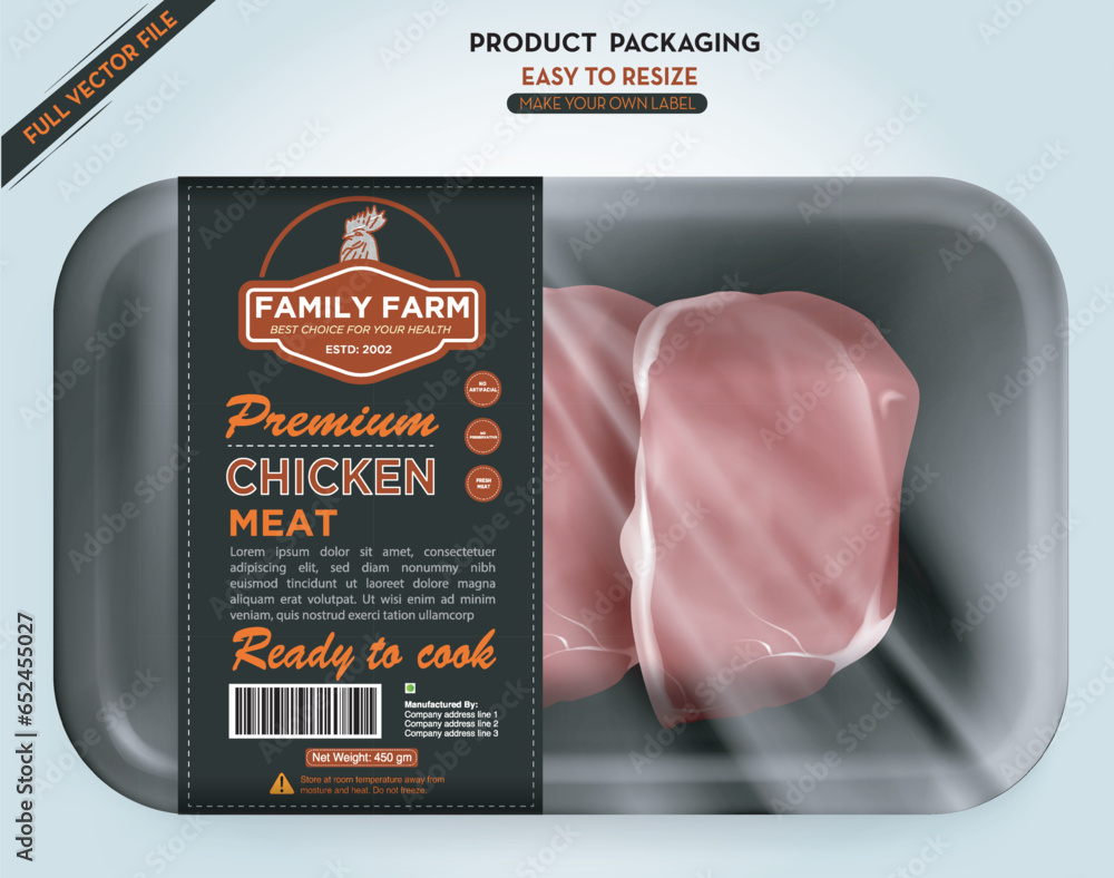 Vetor de Meat Label,Meat box packaging, Chicken meat, label for print