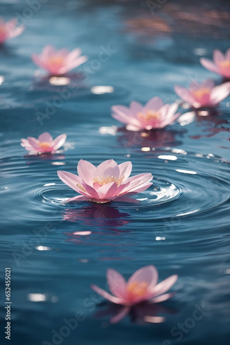 pink water lilies in the gently swirling blue water