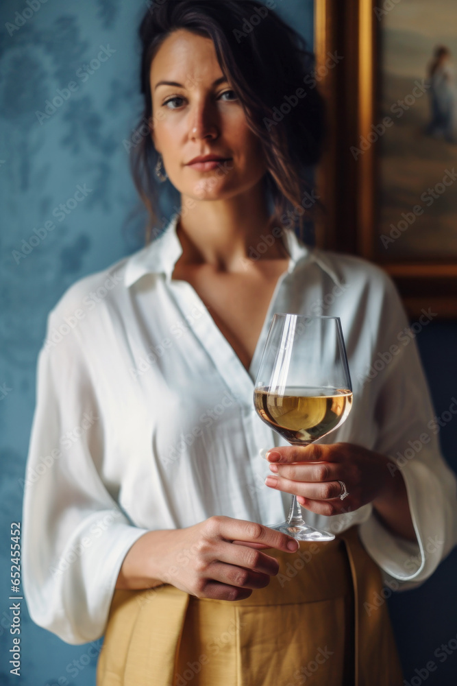 a woman in a white top holding a glass of white wine, golden light, mockup, AI generative