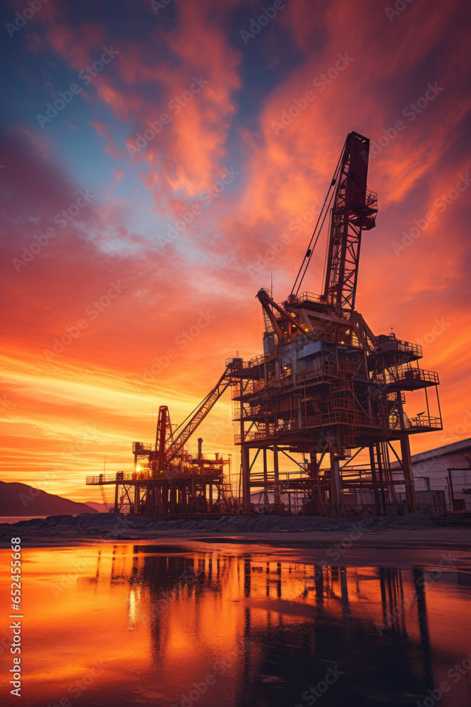 Industrial oil rig against a stunning sunset
