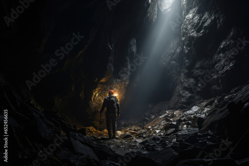 Explorer with a headlamp delving deep into a dark and mysterious cave