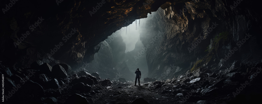Explorer with a headlamp delving deep into a dark and mysterious cave - obrazy, fototapety, plakaty 