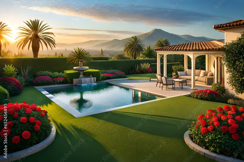Design a serene and open landscape with a palace as its centerpiece, where a lush grassy lawn extends from the palace's entrance, enhancing the overall aesthetic appeal Create a mesmerizing view of an