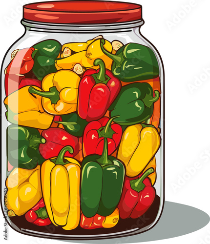 Jar preserved vegetables. Can of pickled pepper. Cartoon canned food in glass. Grocery conserve container