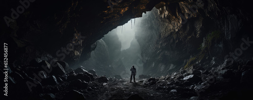 Leinwand Poster Explorer with a headlamp delving deep into a dark and mysterious cave
