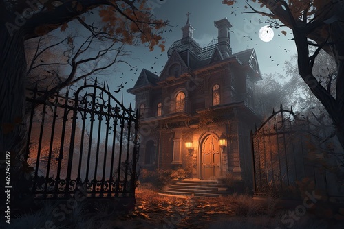 Gothic mansion  pumpkins  bats and bonfire on Halloween night.  generative IA