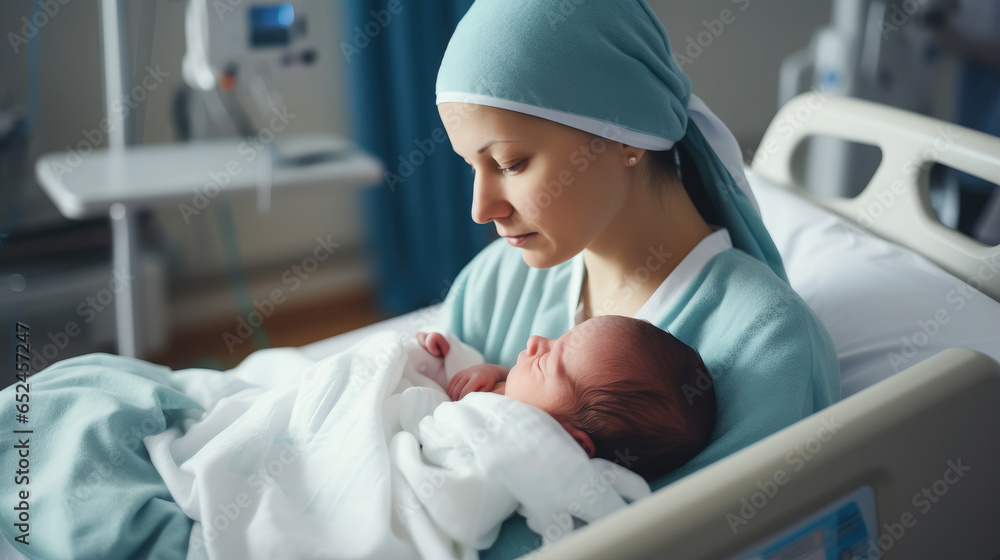 Generative AI, woman holding a newborn baby in her arms in the delivery room, young mother, maternity hospital, clinic, childbirth, pregnancy, small child, postpartum control, neonatology, parent Generative AI, woman holding a newborn baby in her arms in the delivery room, young mother, maternity hospital, clinic, childbirth, pregnancy, small child, postpartum control, neonatology, parent
