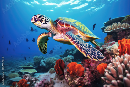 Hawksbill Turtle swimming among vibrant coral reefs