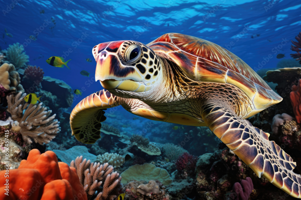 Fototapeta premium Hawksbill Turtle swimming among vibrant coral reefs