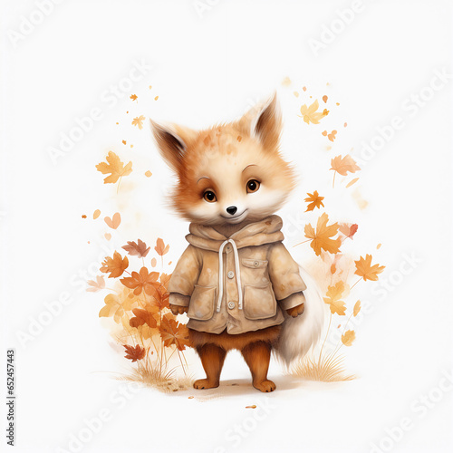 Little baby fox sitting on floor with very cute watercolor coat with falling autumn leaves