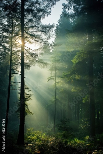 Ranquil misty forest with sun rays