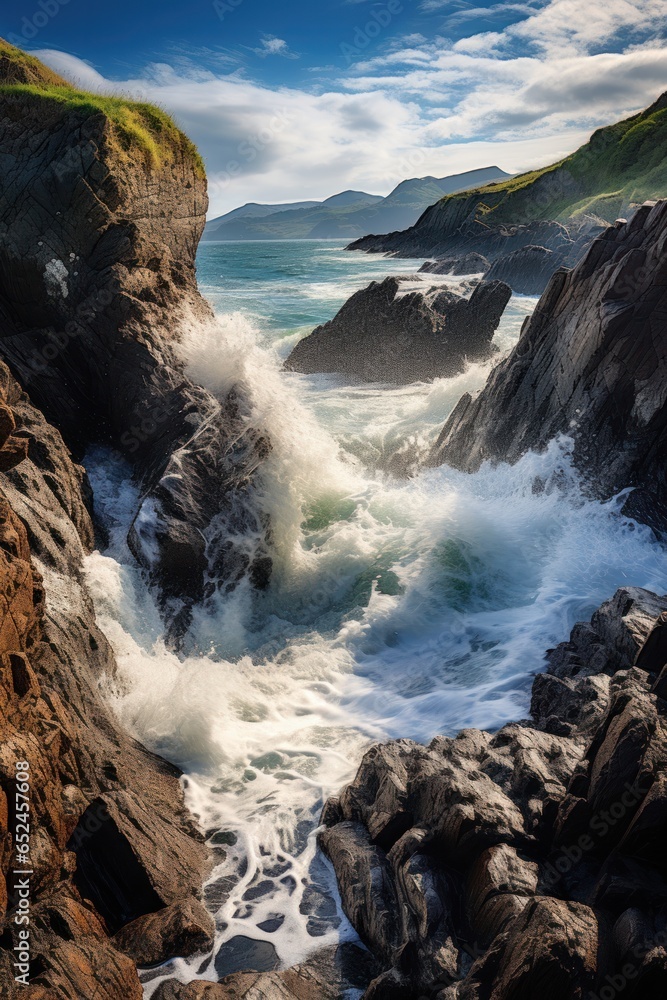 Dramatic rocky coastline with crashing waves.
