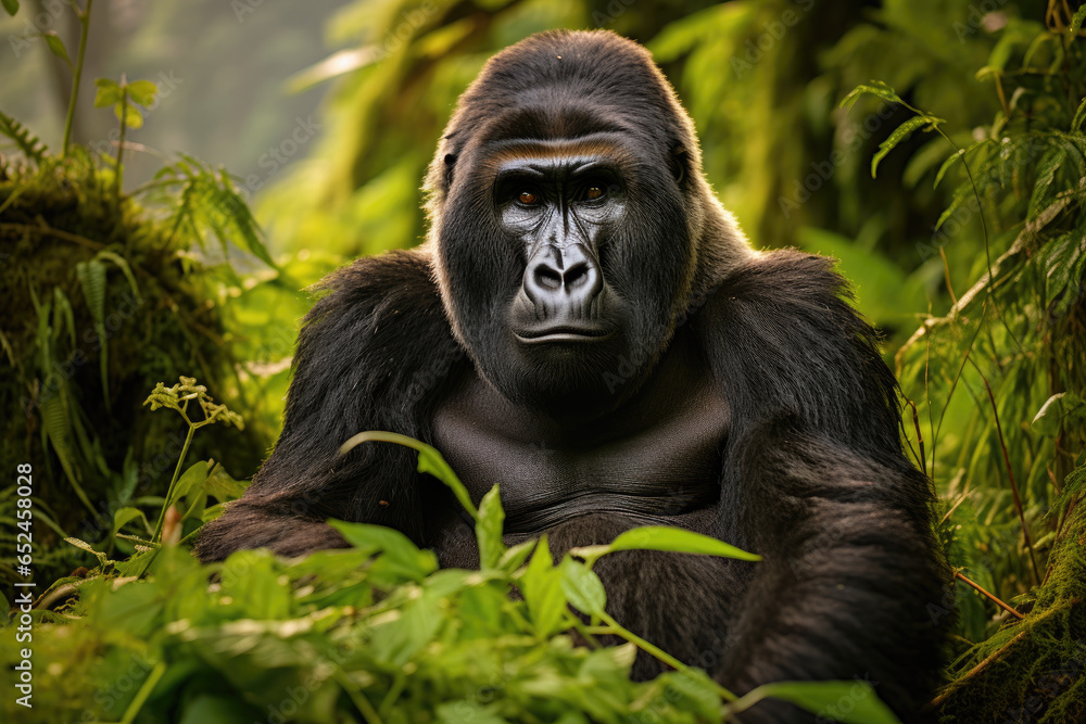Fototapeta premium Mountain gorilla in its dense jungle habitat