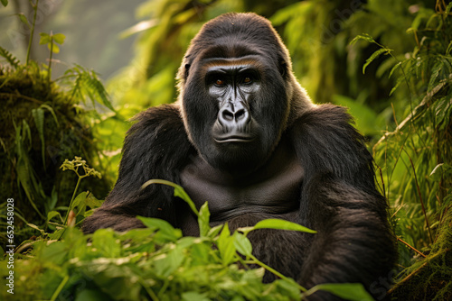 Mountain gorilla in its dense jungle habitat