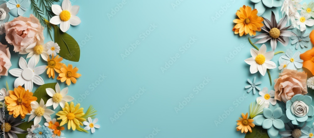 Flat lay spring flowers leafs background. Summer flowers. Copy space. Photo texture. Horizontal banner poster. Ai generated