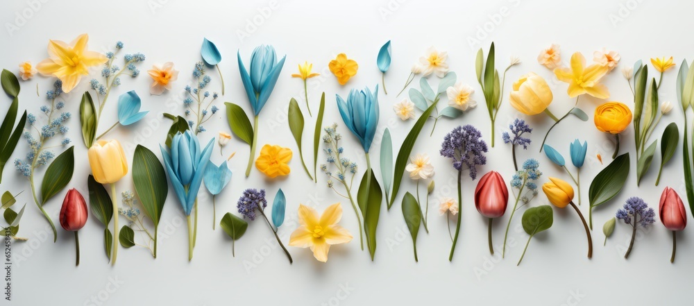 Flat lay Summer flowers leafs on white background. Summer flowers. Photo texture. Horizontal banner poster. Ai generated