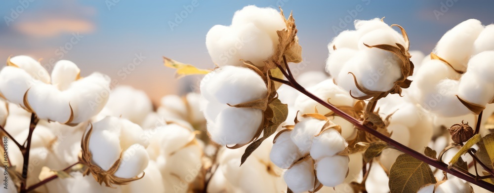 Blooming cotton flowers close in focus. cotton flowers. Photo texture. Horizontal banner poster. Ai generated