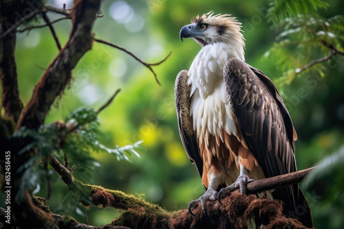 Majestic Philippine Eagle perched on a treetop in its dense forest habitat