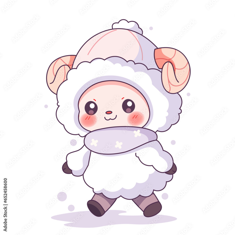 Cute kawaii sheep in winter clothes. Vector illustration. Cute kawaii sheep in winter clothes. Vector illustration.