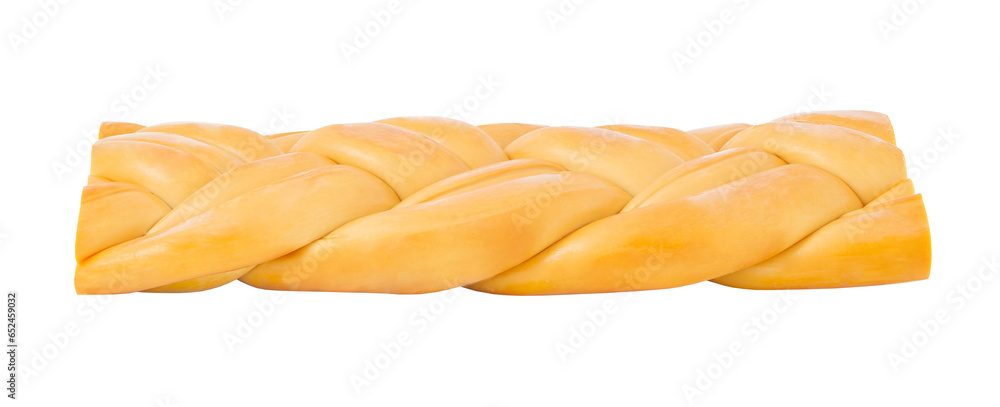 Suluguni pigtail cheese, twisted, side view, isolated on white background with clipping path Suluguni pigtail cheese, twisted, side view, isolated on white background with clipping path