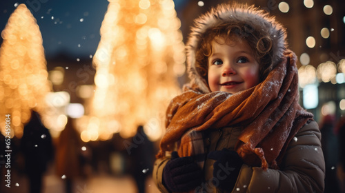 a young toddler in winter scarf in the city square at night with a lit up Christmas tree and people, in the background, falling snow