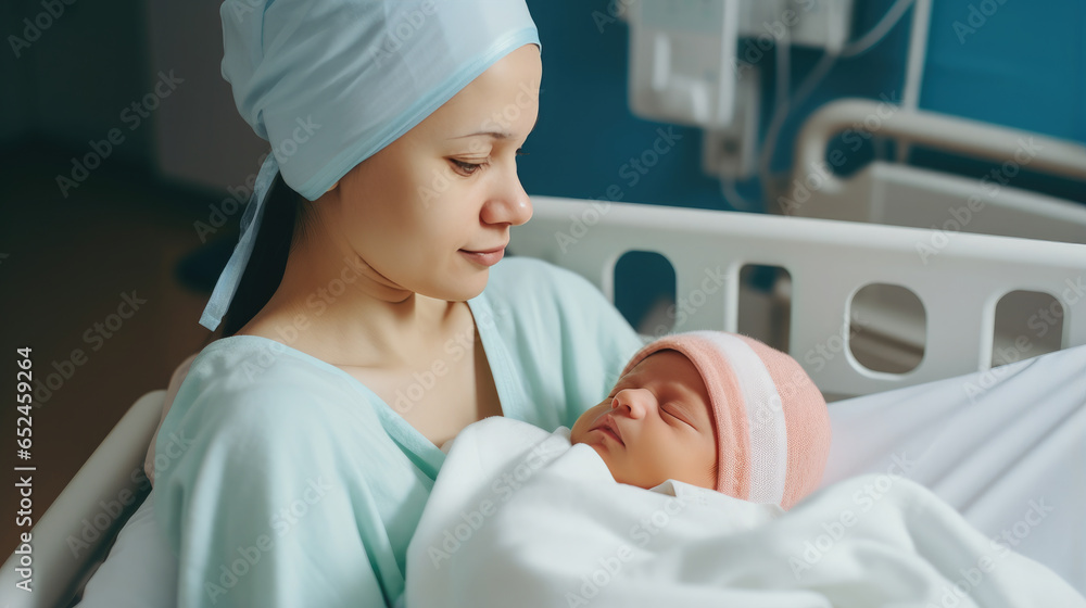 Generative AI, woman holding a newborn baby in her arms in the delivery room, young mother, maternity hospital, clinic, childbirth, pregnancy, small child, postpartum control, neonatology, parent Generative AI, woman holding a newborn baby in her arms in the delivery room, young mother, maternity hospital, clinic, childbirth, pregnancy, small child, postpartum control, neonatology, parent