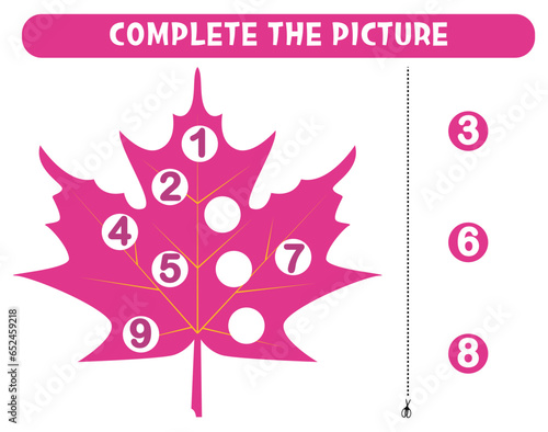 Educational game for kids, math activity worksheet. Fill in the missing numbers in pink leaf