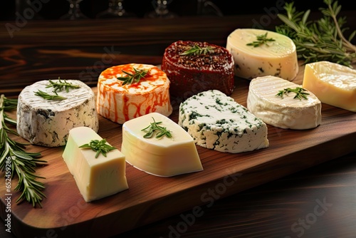 Selection of soft-ripened cheese on wooden board.