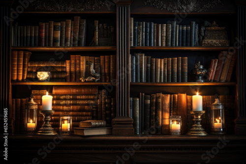 A candle-lit study with vintage volumes of classical literature on wooden shelves. Generative Ai. © Sebastian