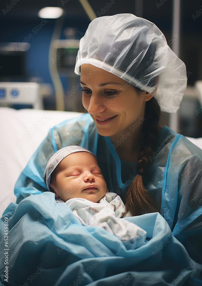Generative AI, woman holding a newborn baby in her arms in the delivery ...