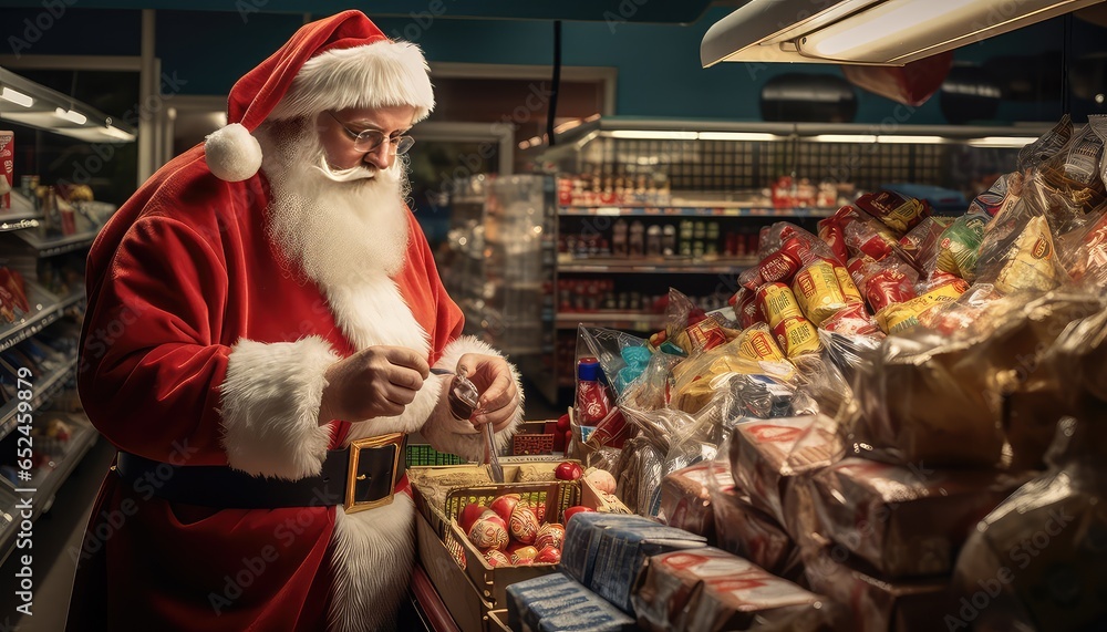 Santa Calus Grocery shopping for Christmas meal. Generated by AI.