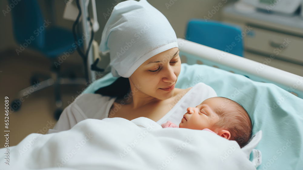Generative AI, woman holding a newborn baby in her arms in the delivery ...