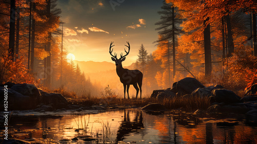 A deer stands in the heart of a forest at sunset, its majestic antlers capturing the final rays of light. Nearby, a pond mirrors the surrounding trees and a distant boat. Generative AI
