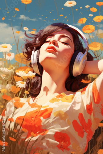 color block digital illustration of a young woman in nature wearing headphones meditation for mental health/calm/stillness in a textured hand drawn style focus/concentration/overstimulation adhd